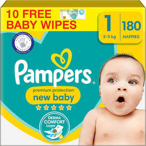 Premium Protection New Baby Size 1, 180 Nappies, 2kg-5kg, Monthly Pack +  Harmonie Aqua Baby Wipes 10 Count, Packaging May Vary