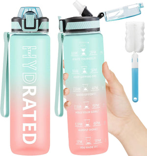 "Motivational 1L Sports Water Bottle with Straw and Time Markings - BPA Free, Leakproof, Ideal for Gym, Hiking, and Yoga"