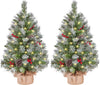 2Pcs Pre-Lit Artificial Mini Tabletop Christmas Tree, 3ft/98cm Frosted Battery Operated Small Xmas Trees with 50 LED Lights, 70 Red Berries &10 Pinecones for Festival Decoration