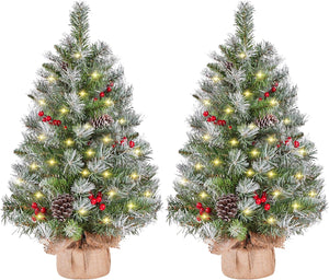 2Pcs Pre-Lit Artificial Mini Tabletop Christmas Tree, 3ft/98cm Frosted Battery Operated Small Xmas Trees with 50 LED Lights, 70 Red Berries &10 Pinecones for Festival Decoration