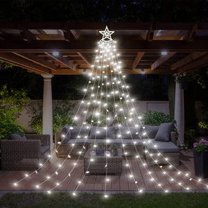 Christmas Lights Tree 350 LED Outdoor Christmas Decorations Waterfall Fairy Lights Waterproof Mains Powered with Topper Star 9 Strand String Light 8 Lighting Modes Fairy Lights (Pure White)