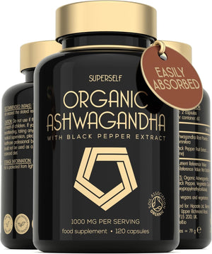 Organic Ashwagandha High Strength - 1000mg Ashwagandha Capsules - Pure Ashwagandha Root Powder with Black Pepper - 120 Ashwaganda Tablets Herbal Supplement - UK Organic Certified by Soil Association