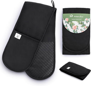 Black Double Oven Gloves | Maximum Heat Resistant Protection | Double Oven Mitt With Silicone Non-slip Design | Machine Washable Thick Oven Glove Home & Kitchen Accessories.