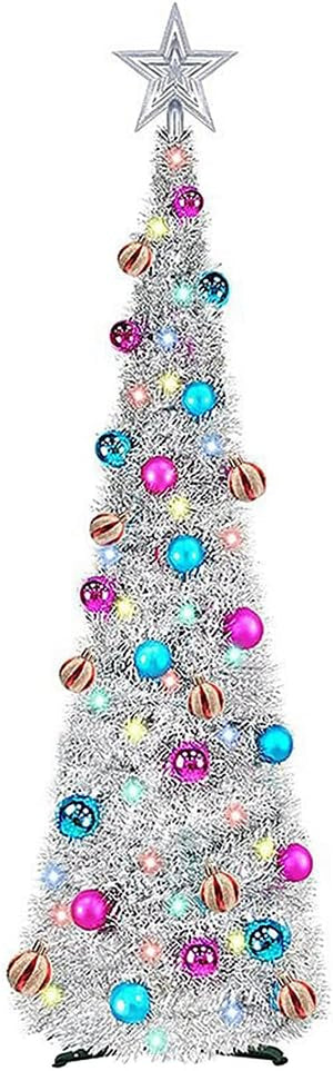 5Ft/ 1.5m Pop Up Tinsel Christmas Tree, Collapsible Artificial Tree with 100LED Lights and 30 Color Balls, Large Sequins Pencil Xmas Tree for Party Carnival Decorations (Silver with Balls)