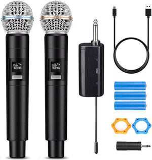 Wireless Microphone System for 2 People, 2.4G Dual Handheld Cordless Metal Dynamic Mic System with Rechargeable Receiver, for Karaoke Singing, Wedding, DJ, Party, Speech, Church, Class Use, 160ft