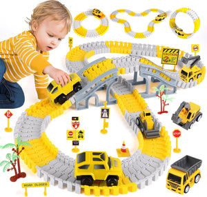 Construction Race Track Toys, Create A Engineering Road Games for Kids Toys, Flexible Track PlaySet and 2 Electric Cars 4 Construction Cars for 3 4 5 6 7 8 Year Old Boys Girls Gift