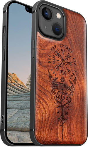 Magnetic Wood Case for iPhone 13 Mini Case [Wood & Soft TPU] Shockproof Hybrid Protective Cover Unique & Classy Wooden Case Compatible with MagSafe (Viking Compass Vegvisir-Rosy)…