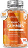 Vitamin C and Zinc Gummies for Adults & Kids - 200mg VIT C as L-Ascorbic Acid - 120 Chewable Vitamin C Gummies - Low Sugar, Natural Orange Flavour, Immunity Vitamins - Hair, Skin & Nail Vitamins