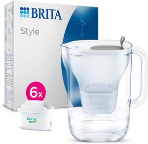 Style Water Filter Jug Grey (2.4L) Half Year Pack incl. 6x MAXTRA PRO All-in-1 cartridge - fridge-fitting design jug with smart LED-LTI and Flip-Lid - now in sustainable Smart Box packaging