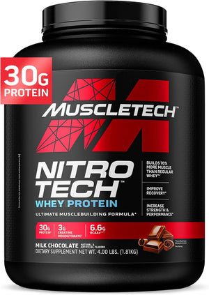 NitroTech Whey Protein Powder, Muscle Maintenance & Growth, Whey Isolate Protein Powder With 3g Creatine, Protein Shake For Men & Women, 6.8g BCAA, 40 Servings, 1.8g, Milk Chocolate