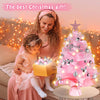 Mini Christmas Trees with Lights,  2ft/60cm Pink Tabletop Christmas Tree with Tree Topper Star Ornaments Led String Light for DIY Desktop Christmas Decorations