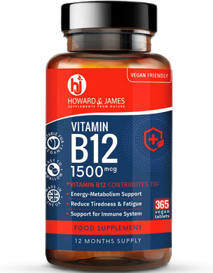 Vitamin B12 Tablets High Strength 1500mcg Vegan B12 Supplement - 365 Methylcobalamin Tablets - 1 Year Supply - Tiredness and Fatigue Tablets - Immunity Supplements - GMP Approved - Made in UK