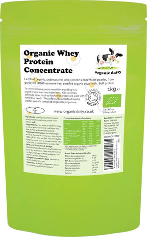 Organic Whey Protein Powder 1kg Unflavoured Grass Fed SOYA Free Pure Concentrate Gluten Free Low Carb Vegetarian 1000g