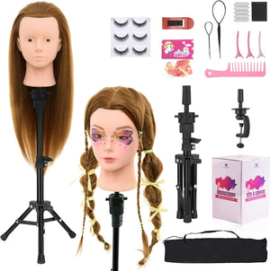 Neverland Beauty Make-Up Hairdressing Head with Training Head Stand, 26"-28" 60% Real Hair Training Heads for Hairdressers,styling Head with Eyelashes and Hair Accessories(Blonde)