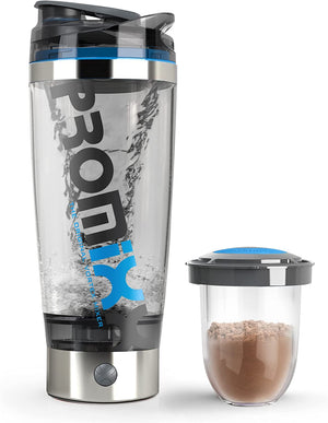 Pro Shaker Bottle (iX-R Edition) | Rechargeable, Powerful for Smooth Protein Shakes | includes Supplement Storage - BPA Free | 600ml Cup (Silver Blue/Gray)