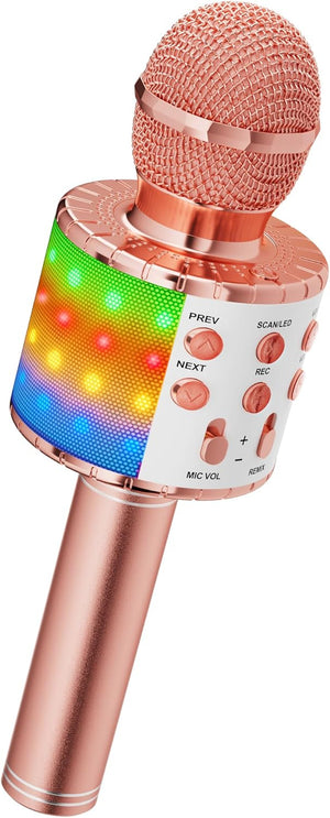 Karaoke Wireless Microphone, 4 in 1 Handheld Bluetooth Microphones Speaker Karaoke Machine with Dancing LED Lights, Home KTV Player Compatible with Android & iOS Devices, Rose Gold