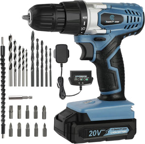 Cordless Drill Set, 20V Electric Power Drill Driver with Battery and Charger, 10mm Keyless Chuck, Variable Speed, 16 Position and 22pcs Accessoris