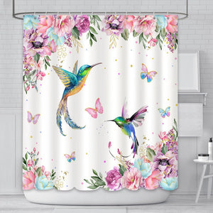 180x180cm Watercolor Flower Hummingbird Shower Curtain for Bathroom Spring Pink Wildflower Polyester Fabric Botanical Shower Curtain with Hooks