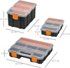 Set Of 4 Plastic DIY Tool Storage Boxes w/Inside Dividers Locking Lids Home Garage Organisation Stacking Arts Crafts Bolts Black Orange