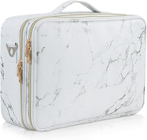 Extra Large Travel Makeup Bag Cosmetic Case Vanity Organiser Beauty Train Case with Shoulder Strap and Dividers Compartment, Marble