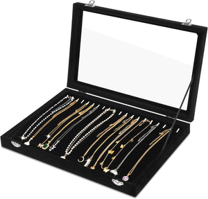 Jewellery Organiser Necklace Box, Velvet Necklace Organiser with Clear Lid, Necklaces Display Stand with 20 Hooks and Lockable, Jewellery Box Insert for Necklaces (Black)