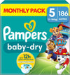 Baby-Dry Paw Patrol Edition Size 5, 186 Nappies, 11kg - 16kg, Monthly Pack, with A Stop & Protect Pocket to Help Prevent Leaks at The Back