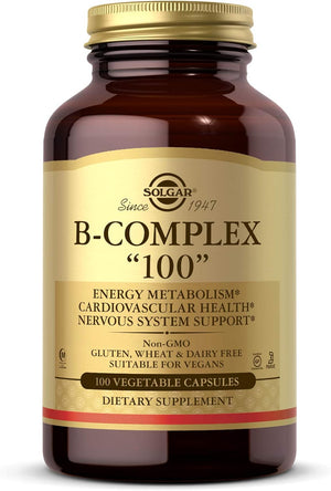 Vitamin B-Complex "100" Extra High Potency Vegetable Capsules - Pack of 100 - Supports Mental Performance and Reduces Fatigue - Vegan