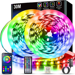 Led Strip Lights 30M(2 Rolls of 15M) Bluetooth Smart App Control Music Sync Color Changing RGB Led Light Strips with Remote,Flexible Led Lights for Bedroom,Party,Birthday and Home Decor