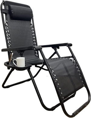 Zero Gravity Chair Heavy Duty Textoline Outdoor & Garden Sunloungers Reclining, Folding Chair, Relaxer Chairs with Cup Holder and Headrest Pillow (1, BLACK)