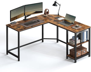 Computer Desk, L-Shaped Corner Desk, Gaming Desk, Workstation with 2 Storage Shelves for Home Office, Space-Saving, Easy to Assemble, Rustic Brown and Black LWD72X