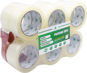 "Whisper-Quiet Clear Packing Tape - Ultra Strong & Silent - Ideal for Moving, Shipping, and Storage - Includes 12 Rolls and Free Dispenser!"