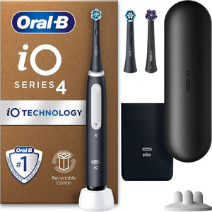 Luxury  Io4 Electric Toothbrush Set: 4 Modes, Teeth Whitening, Travel Case, Gift for Her/Him, 3 Heads & Holder, UK Plug - Black