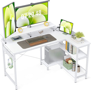 "Modern 48-Inch L-Shaped Gaming Desk with Reversible Storage Shelves and Monitor Stand - Ideal for Home Office and Gaming Setup in White Finish"