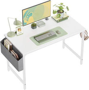 "Modern Minimalist Study Desk with Sleek Metal Frame - Perfect for Home Office or Writing Space - Compact and Stylish - White Tabletop with Black Metal Frame"