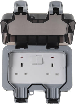 "Enhance Your Outdoor Power with the BG Electrical Double Weatherproof Switched Power Socket - IP66 Rated, 13 Amp in Sleek Grey"