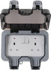 "Enhance Your Outdoor Power with the BG Electrical Double Weatherproof Switched Power Socket - IP66 Rated, 13 Amp in Sleek Grey"