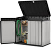 "Spacious and Stylish  Premier XL Outdoor Storage Shed - Perfect for Organizing Your Garden, Grey and Black, 141 X 82 X 123.5 Cm"