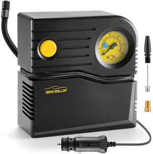 "Ultimate Electric Car Tyre Inflator - High-Performance 12V Air Compressor with Pressure Gauge and Valve Adaptors - Compact, Reliable, and Vibrant Yellow Car Pump"
