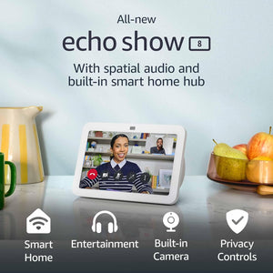 ```Introducing the All-New Echo Show 8 - 3rd Gen: HD Smart Touchscreen with Spatial Audio & Alexa - Glacier White```