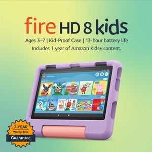 "2022  Fire HD 8 Kids Tablet - 8-Inch HD Display, Kid-Friendly Design, 2-Year Worry-Free Guarantee, Purple Color, Perfect for Ages 3-7!"