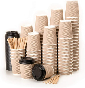 "100-Pack of 8Oz Disposable Coffee Cups to Go - Insulated Biodegradable Paper Cups with Black Lids, Wooden Stirrers, and Kraft Ripple Design - Perfect for Tea and Hot Drinks"