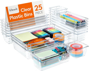 "Ultimate Drawer Organization Set - 25Pcs Clear Makeup Trays, Stylish Desk Dividers, and Versatile Storage Bins for Bathroom, Office, and Bedroom"