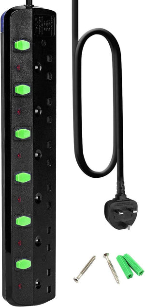 "Power up your space with the  6 Way Extension Lead - Switches, Wall Mountable, 1.8M/5.9Ft Cable, 13A, 3250W"