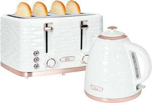 Luxury Breakfast Bundle:  3000W Rapid Boil Kettle & 4 Slice Toaster Set - 7 Browning Controls, Defrost, Reheat, Crumb Tray - Cream White