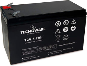 "Power and Protect Your Devices with Tecnoware 12V Charge 7.2 Ah Sealed Battery - Ideal for UPS, Video Surveillance, and Alarm Systems - Compact Size and Easy Installation - Reliable Performance Guaranteed!"