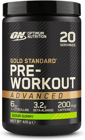 "Experience Explosive Energy and Supercharge Your Workouts with Gold Standard Pre-Workout Advanced Powder - Sour Gummy Flavour!"