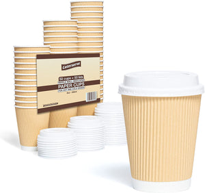 "Stay Hot and Stylish with  Insulated Ripple Wall Paper Cups for Tea and Coffee Takeaway Drinks (12Oz, 50 Cups + 50 Lids)"