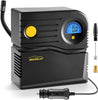 "Ultimate Electric Car Tyre Inflator - High-Performance 12V Air Compressor with Pressure Gauge and Valve Adaptors - Compact, Reliable, and Vibrant Yellow Car Pump"