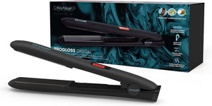 "Get Perfectly Styled Hair with Progloss Digital Ceramic Hair Straighteners - Lightweight, Professional Salon Styler for Straightening and Curling, Suitable for All Hair Types, Adjustable Temperature, Worldwide Voltage - Sleek Black Design"